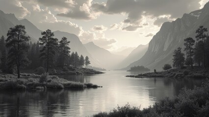 Black and white lake art painting