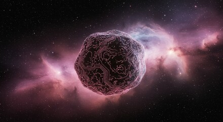 Wall Mural - circuitry asteroid in nebula - a of an asteroid with a circuit board pattern, floating in a vibrant 