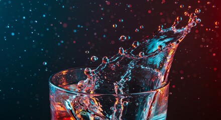 Wall Mural - vibrant water splash in glass - close-up shot of a water splash in a glass against a dark blue and r