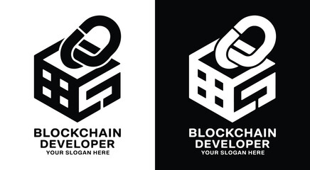 Bold black logo featuring a chain and block icon designed for blockchain developers crypto platforms and secure tech innovation companies