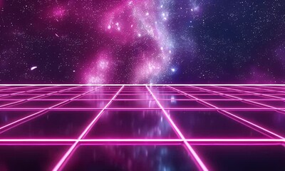 Wall Mural - Pink neon grid with galactic background  
