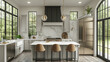 © abid - Elegant kitchen features a marble backsplash gray cabinets natural light black accents and brown stools at an island
