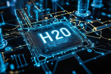 Leinwandbilder - H2O processor glowing at center of vibrant blue circuit board representing innovation in water-based chip cooling, Generative AI