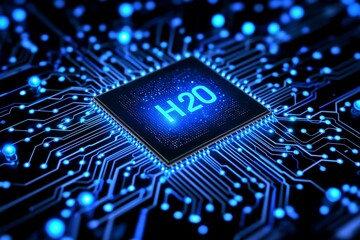 Leinwandbilder - Close-up of futuristic H2O microchip with glowing blue core representing innovation in water-cooled computing technology, Generative AI
