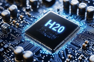 Leinwandbilder - Close-up of futuristic H2O microchip with glowing blue core representing innovation in water-cooled computing technology, Generative AI
