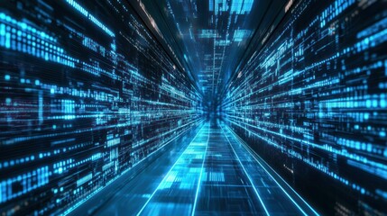 Futuristic tunnel of digital data with blue glowing information technology.