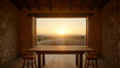 © predator - Sunrise View Through Open Doors In Rustic Room With Wooden Table