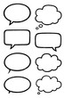 © Mr. Designer - Minimalist black and white vector set of eight speech bubbles and thought bubbles in various shapes (oval, rectangle, cloud). Represents communication, conversation, thoughts, and simple graphic.
