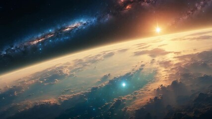 Wall Mural - broad view of earth with sun, stars, and galaxy at sunrise