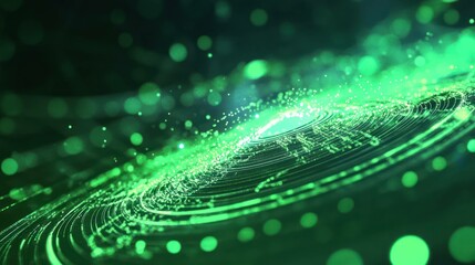 Abstract green swirl of particles with bokeh and shiny, futuristic effect.