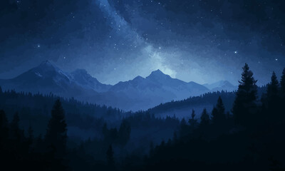 Poster - night sky with a dense array of stars and a visible milky way galaxy over a silhouette of a forest a