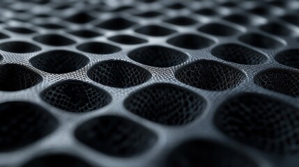 A macro shot of a gray porous filter surface with a repetitive grid pattern