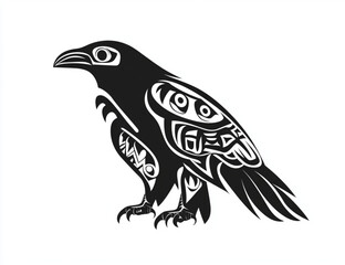 A stylized raven illustration in black and white with tribal patterns