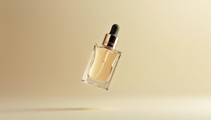 Poster - Elegant serum bottle floating against a warm golden background   