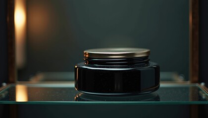 Poster - elegant black cosmetic jar on glass shelf with soft lighting  