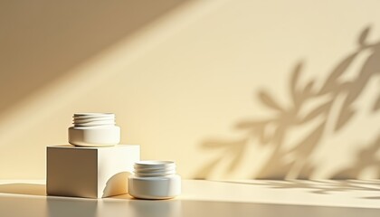 Aufkleber - Modern skincare jars displaying shadows against minimalist backdrop  