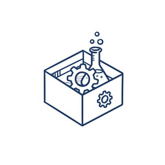 Sandbox Environment Vector Icon. Open box with a flask and gears, isolated testing space, isolated sketch for software development, cybersecurity, IT experimentation