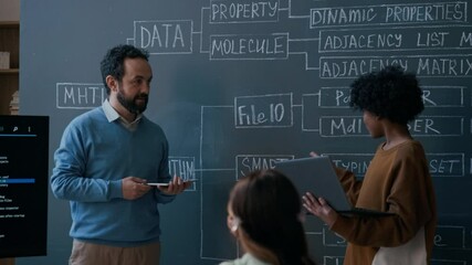 Medium shot of confident 11-year-old African American boy with laptop standing by blackboard at coding lesson, answering questions on variable classification tree and arguing with classmates
