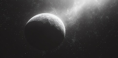 Wall Mural - A grayscale image shows a cratered planet orbiting a bright star in a dark space setting.  Perfect for science fiction and space exploration projects.