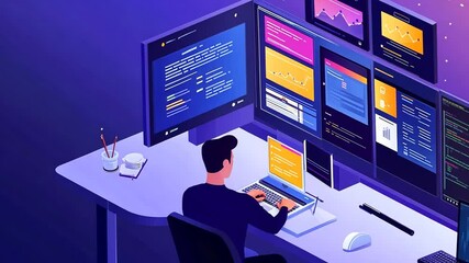 Dedicated programmer working on multiple screens with code and data visualization