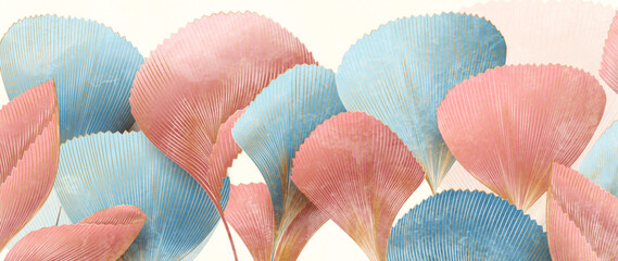 Wall Mural - abstract art background with tropical plant leaves in pink and blue colors in line style. botanical 