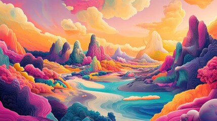 Wall Mural - A vibrant and surreal landscape featuring rolling mountains and fluffy clouds in shades of pink, purple, and blue. The scene includes colorful vegetation and a serene river flowing through the foregro