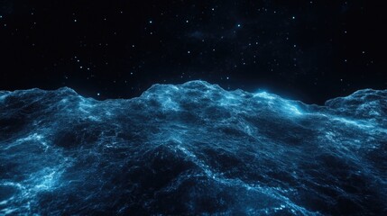 Wall Mural - Cosmic landscape of a distant planet, glowing with an ethereal blue light.  Vast, undulating terrain stretches into the inky black space, dotted with distant stars