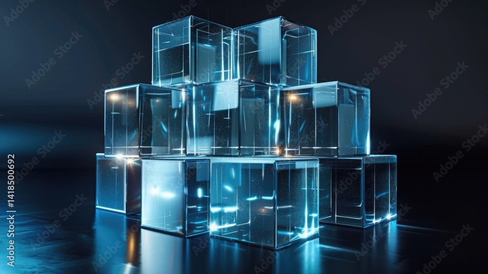 Abstract digital art with blue glowing cube and particles. Digital ...