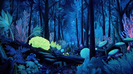 Wall Mural - A vivid and surreal forest scene illuminated by an array of vibrant colors and lights. The landscape features a mix of fantastical plants and fungi, with bioluminescent elements glowing in shades of b
