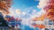 © Chom - Majestic Autumn Landscape with Snow-Capped Mountain and Serene Lake Under Bright Blue Sky and Colorful Foliage Reflection