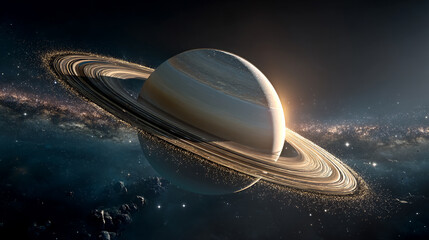 Wall Mural - Saturn showcases its iconic rings and swirling gas layers in a breathtaking cosmic display symbolizing mystery expansion time and the beauty of celestial harmony surrounded by twinkling stars

