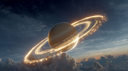 Wall Mural - Saturn showcases its iconic rings and swirling gas layers in a breathtaking cosmic display symbolizing mystery expansion time and the beauty of celestial harmony surrounded by twinkling stars

