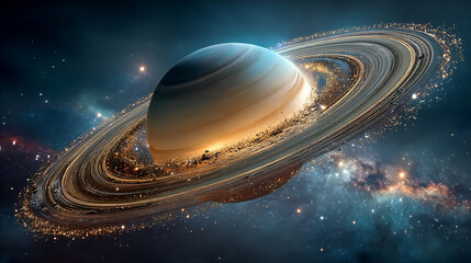 Wall Mural - Saturn showcases its iconic rings and swirling gas layers in a breathtaking cosmic display symbolizing mystery expansion time and the beauty of celestial harmony surrounded by twinkling stars

