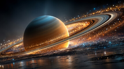 Wall Mural - Saturn showcases its iconic rings and swirling gas layers in a breathtaking cosmic display symbolizing mystery expansion time and the beauty of celestial harmony surrounded by twinkling stars

