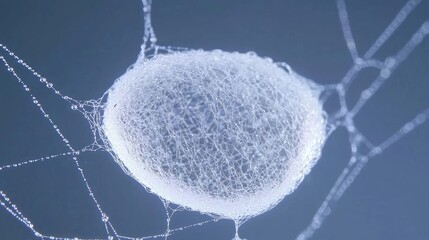 Spider egg sac on a delicate web.  Close-up view of a translucent, spherical egg sac nestled within a spiderweb.  Delicate threads form a complex structure around the sac