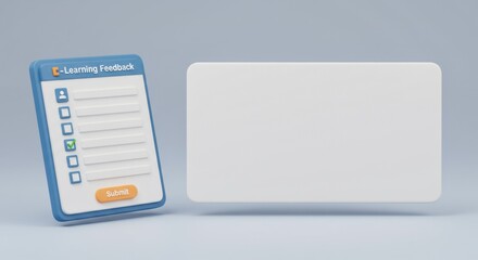 3D Render of E-Learning Feedback Form and Blank Space for  Survey Results Presentation or Online Education Mockup