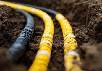 Close-Up of Yellow and Black Underground Electrical Cables in Soil