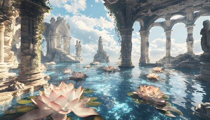 Aufkleber - A mystical garden hidden within the clouds, where massive glowing lotus flowers float on ponds of liquid light, surrounded by ancient stone statues
