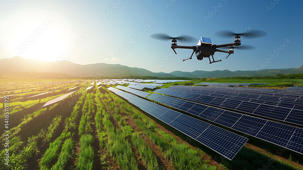 Drone inspecting solar panel farm for efficiency and renewable energy ...