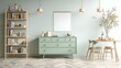 © RETNO - Elegant room with mint dresser, bookshelf, dining table, and art. Light and airy decor