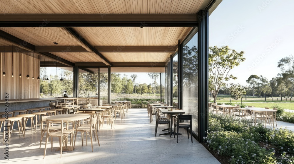 Caf with ceiling-mounted sliding screens for flexible space zoning and ...