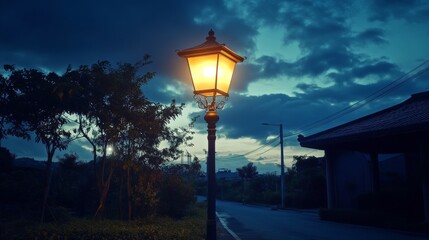  12.High-quality night scene of a beautifully designed street light glowing warmly along Taiwan Provincial Highway 1, with a serene landscape and an enchanting sky.