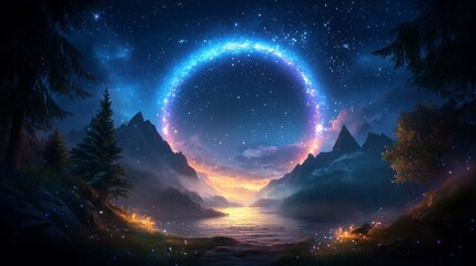 Wall Mural - Enchanted twilight landscape with starry portal over water