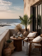 Poster - Cozy coastal balcony with sea view featuring greenery and beautiful outdoor furniture : Generative AI