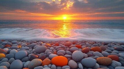 Poster - Stunning sunset over a rocky beach with colorful pebbles reflecting vibrant hues of orange and purple light : Generative AI