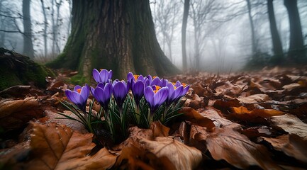 Poster - Vibrant Spring Flowers Blooming in a Misty Forest Under a Tall Tree with Fallen Leaves : Generative AI