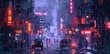 © ichie - Pixel Art Neon Lit Cityscape at Night with Rain Reflections and Cars on Wet Street