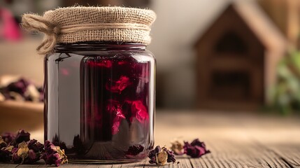 Poster - Glass jar of homemade potpourri featuring dried rose petals decorated with rustic twine on wooden surface : Generative AI