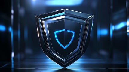 Glowing geometric shapes in blue and silver tones symbolizing futuristic digital security and protection