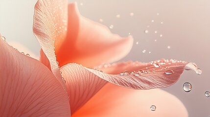 Poster - Close-up view of a beautiful pink flower petal glistening with dew drops, showcasing nature's fine details : Generative AI